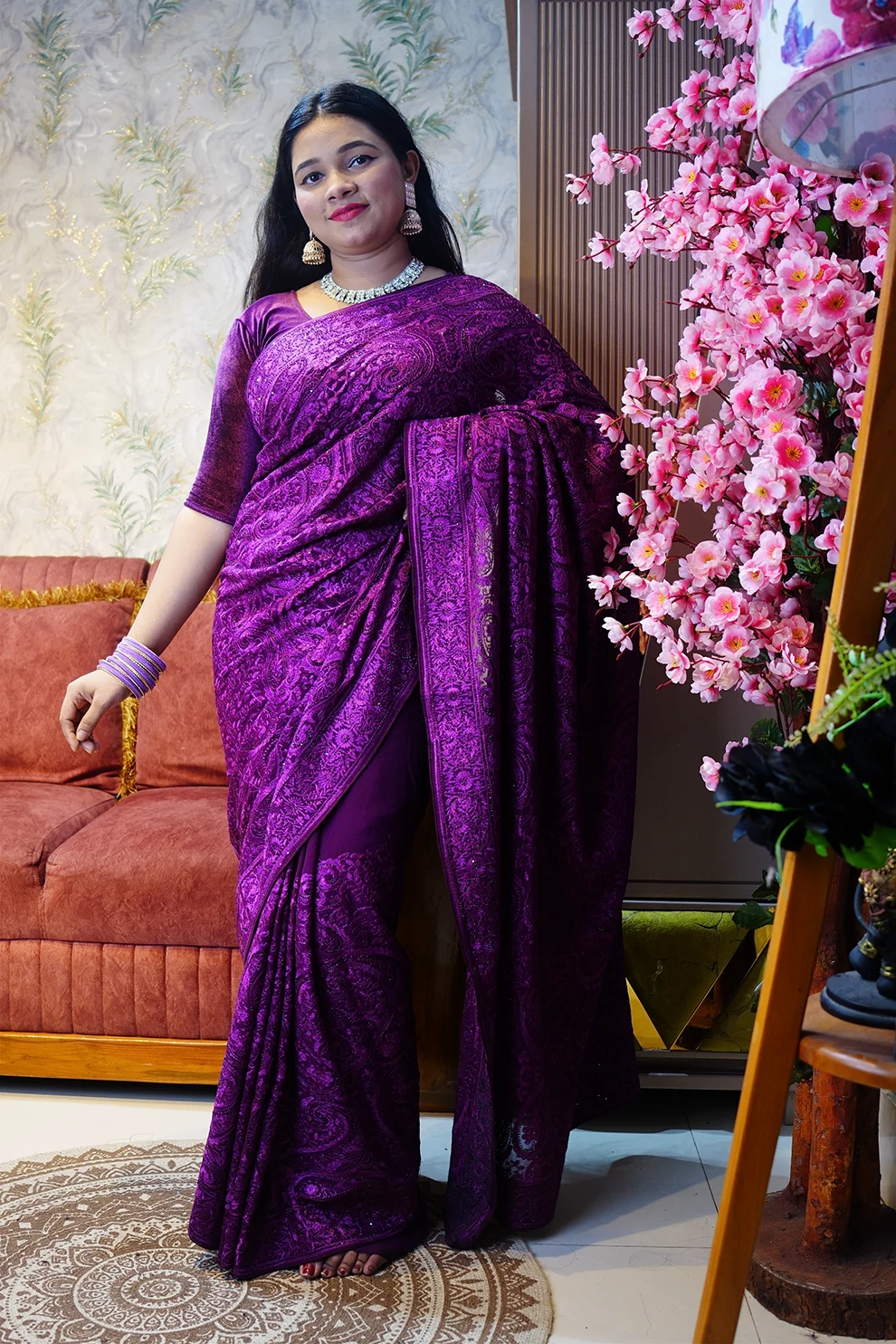 Deep Purple Chikankari Work Royal Embroidery Saree